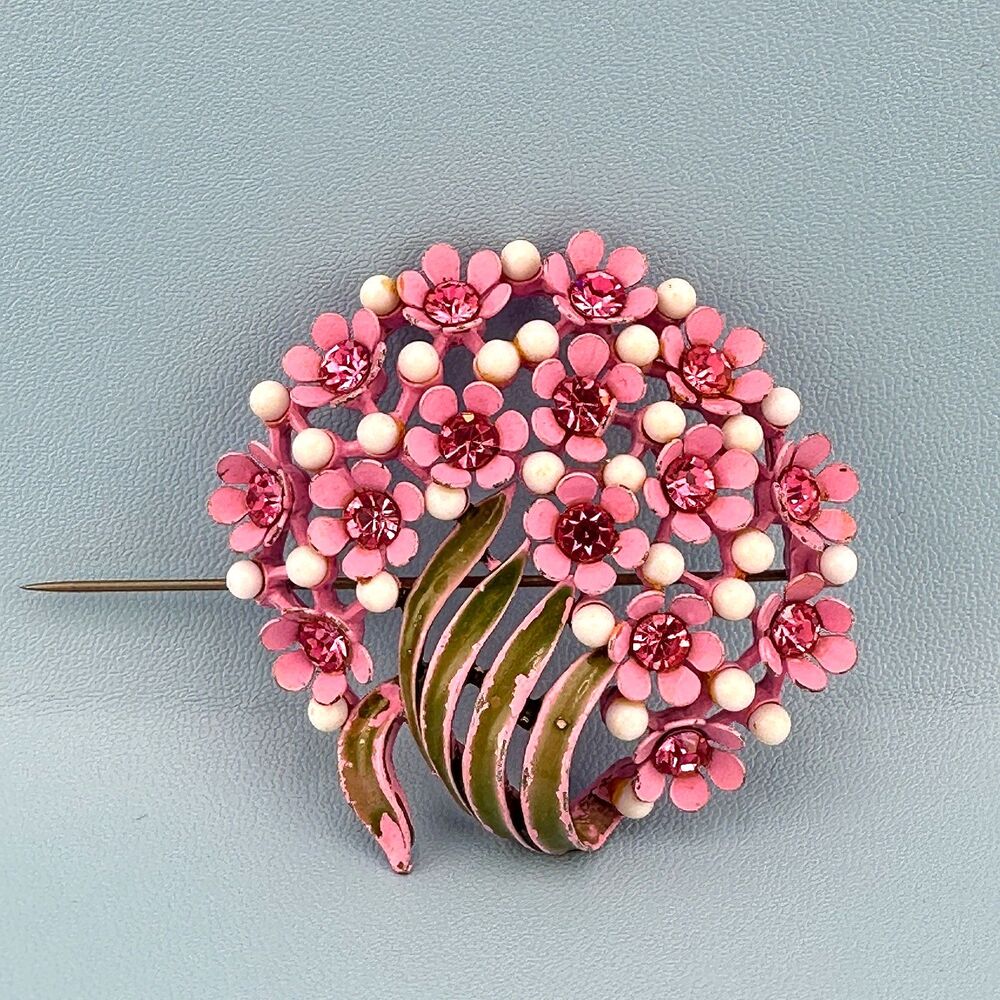 Vintage Rhinestone Flower Brooch Pink Japanned Enamel Floral Spray Bouquet 2"